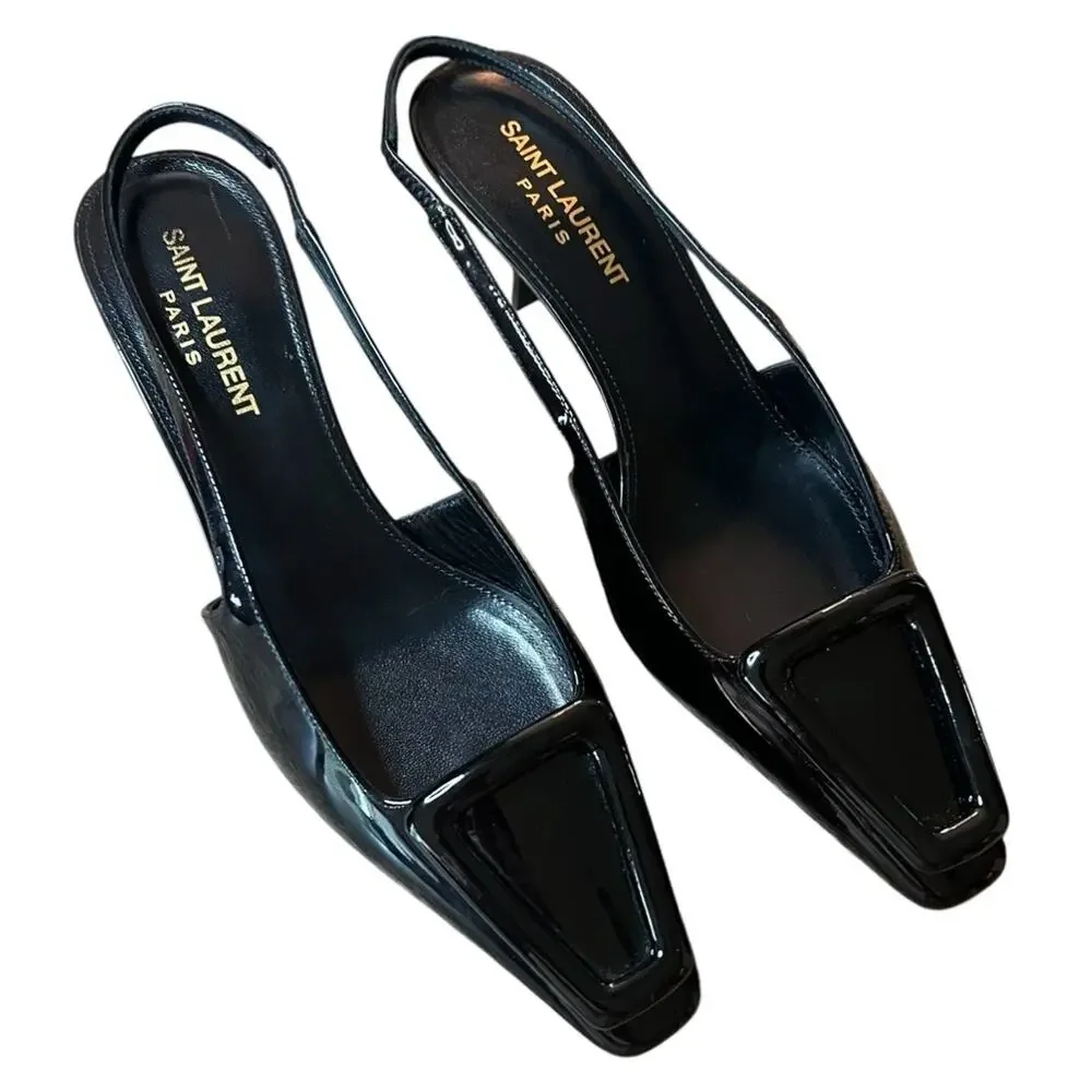 Saint Laurent Tom Slingback Pump 60 Black Patent Leather Kitten NEW EU 36 US 6 - Picture 3 of 14